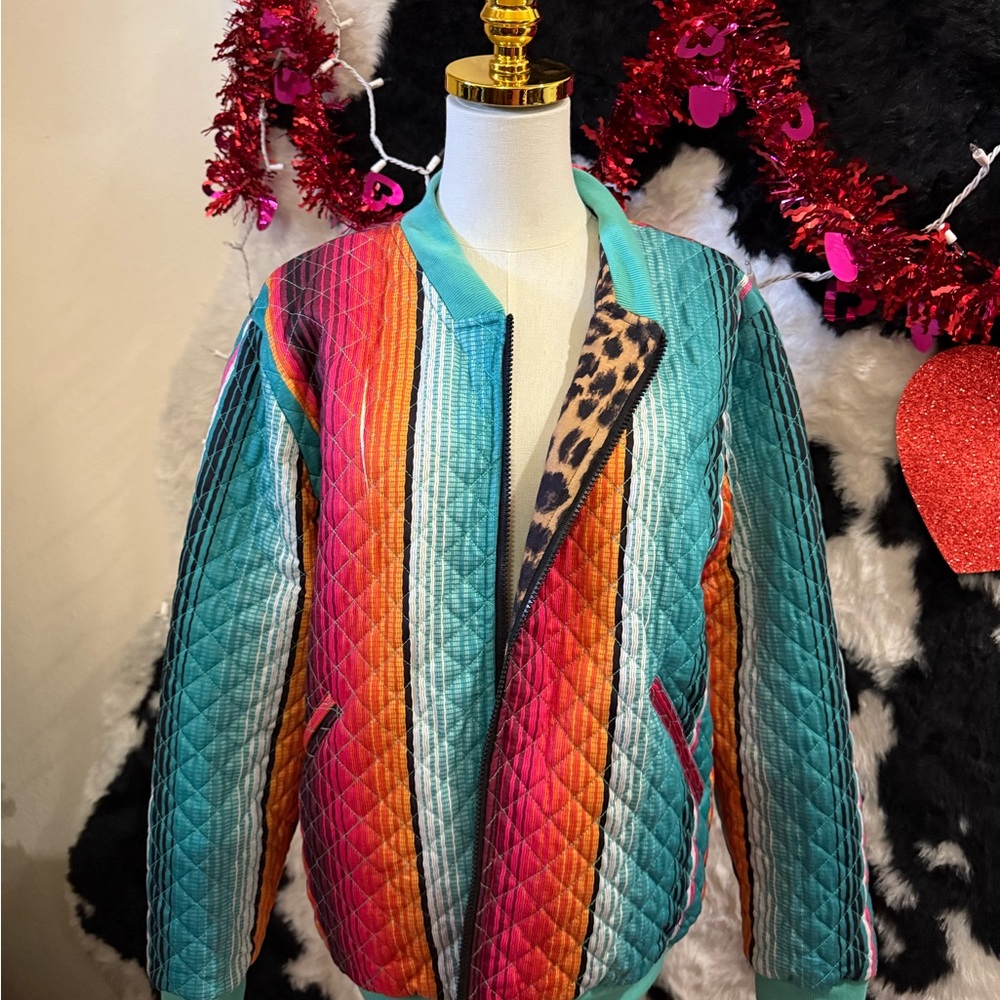 Crazy Train Teal and Orange Striped Bomber Jacket